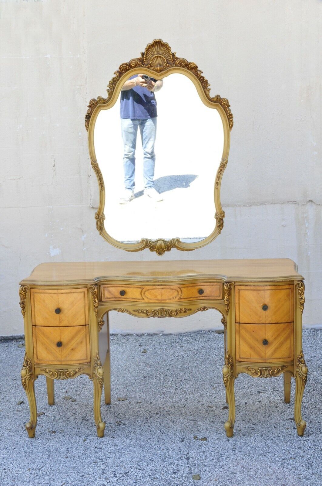 Antique French Louis XV Carved Satinwood 9 Pc Bedroom Set Dresser Vanity Mirror