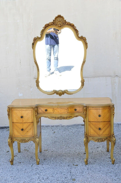 Antique French Louis XV Carved Satinwood 9 Pc Bedroom Set Dresser Vanity Mirror