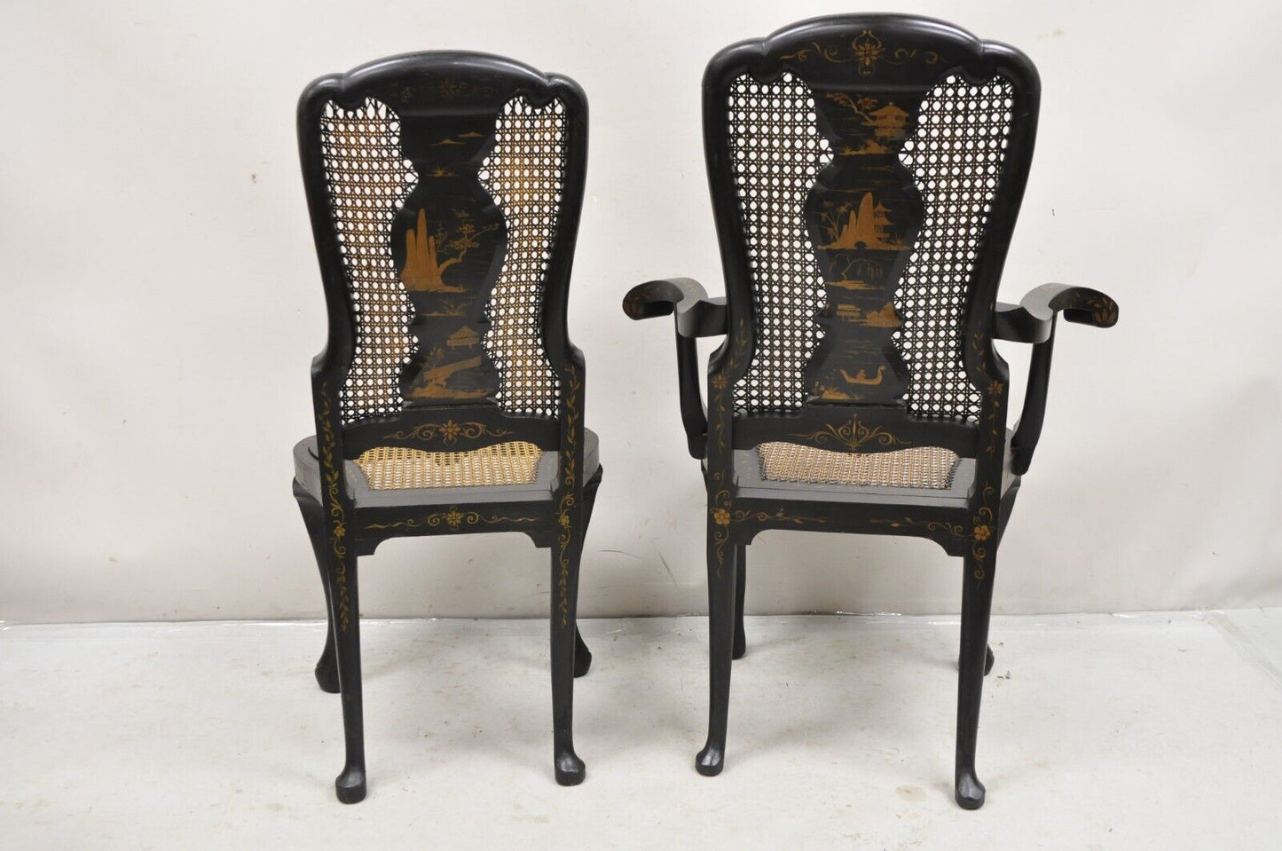 Antique Chinoiserie Queen Anne Hand Painted Floral Cane Dining Chairs - Set of 4