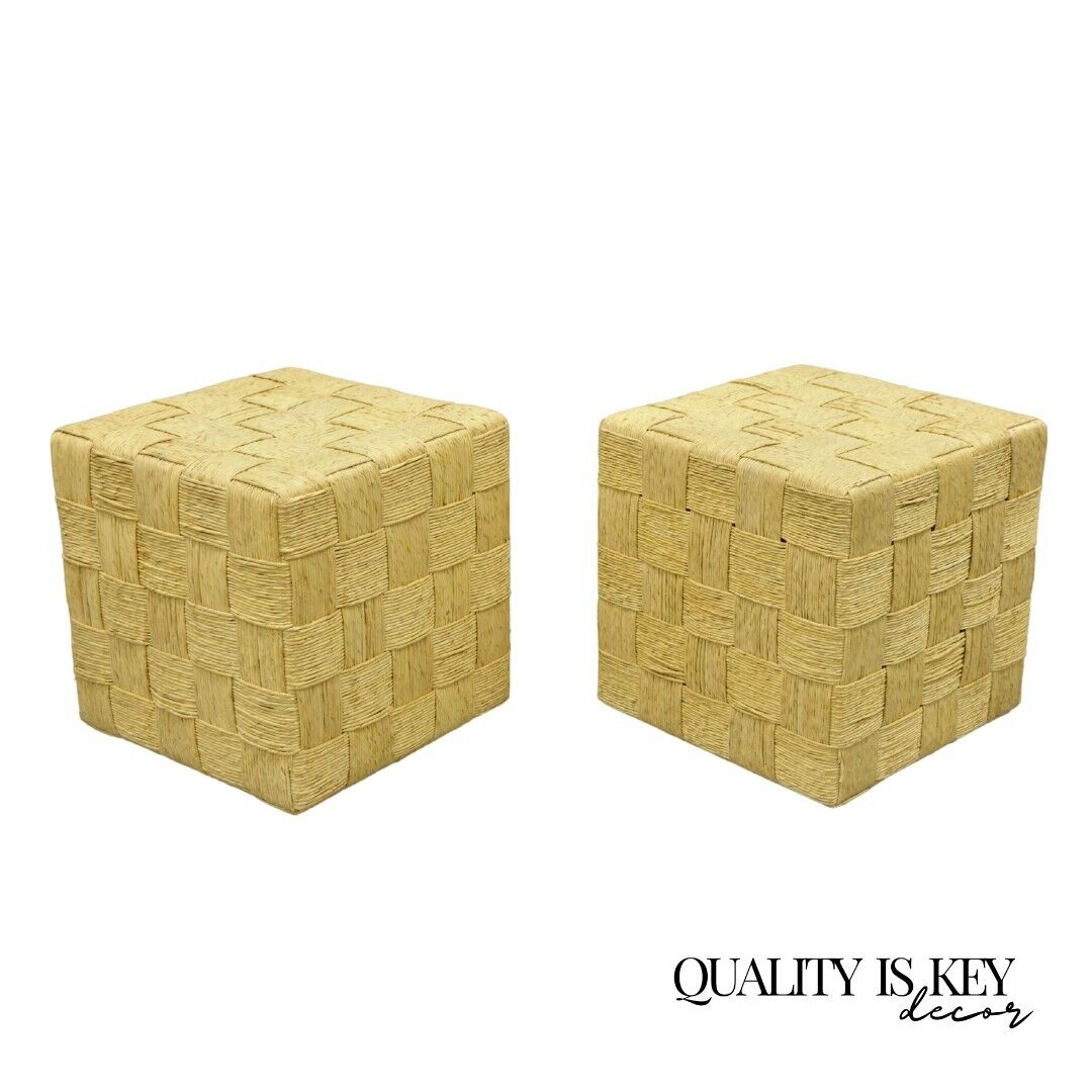 Decorator Modern Woven Rattan Rope Cord Cube Ottoman Side Table - a Pair