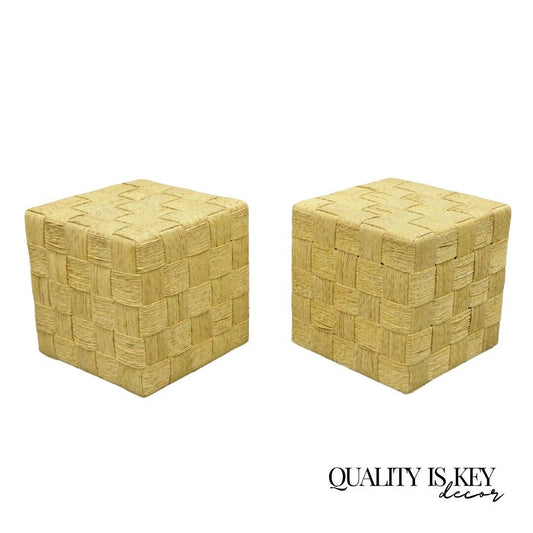 Decorator Modern Woven Rattan Rope Cord Cube Ottoman Side Table - a Pair