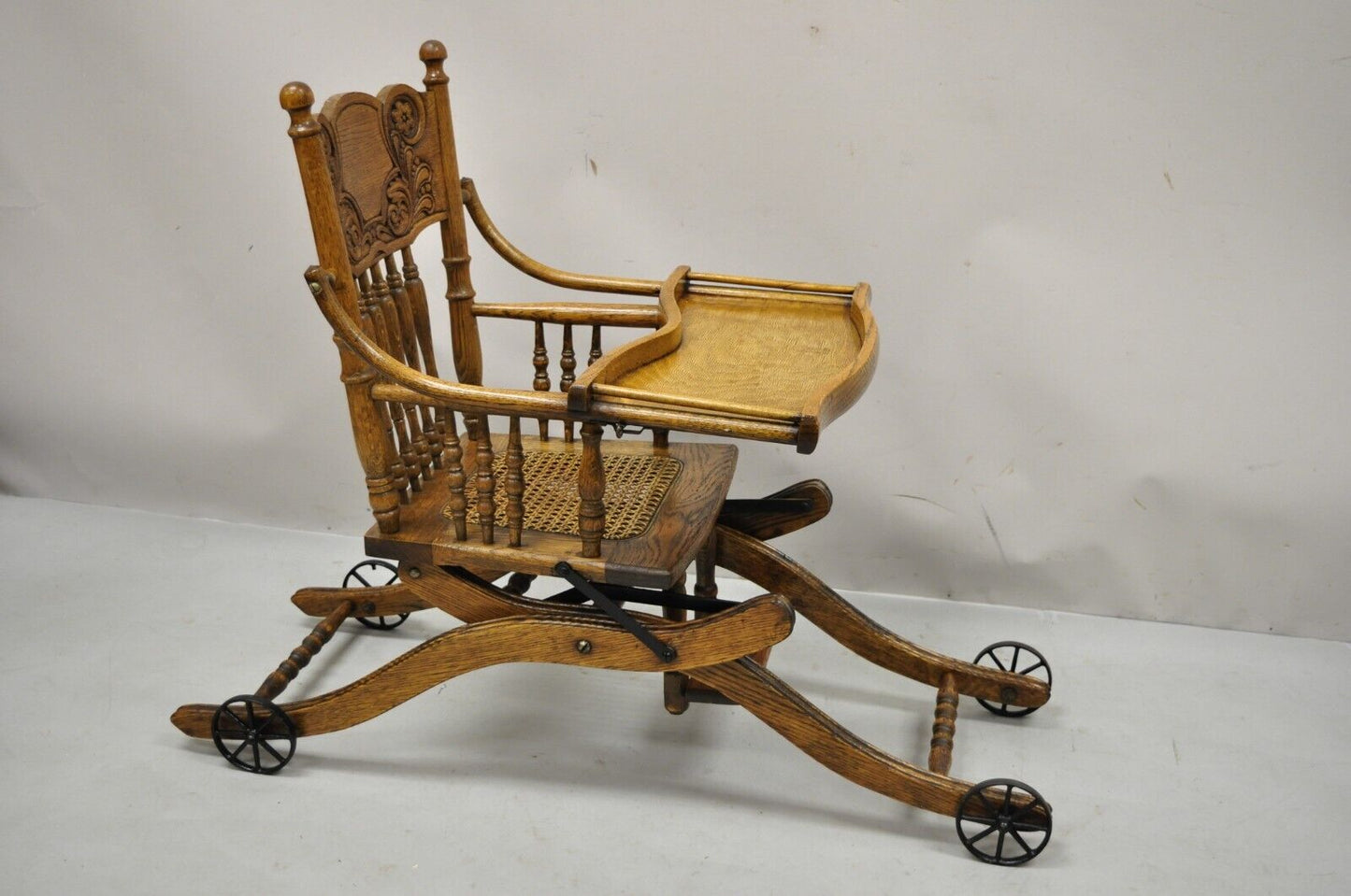 Antique Victorian Oak Wood Convertible Combination Baby High Chair Stroller