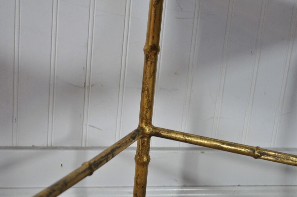 Pair Vintage Italian Hollywood Regency Faux Bamboo Gold Mirror Iron Side Tables