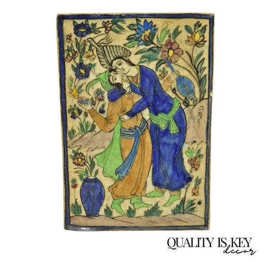 Antique Persian Iznik Qajar Style Ceramic Pottery Tile Man and Woman Courting C1