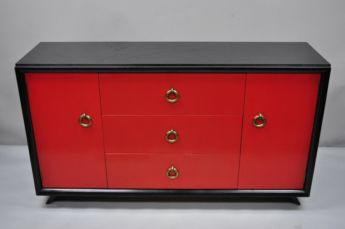 Mid Century Modern Art Deco Black and Red Credenza Cabinet Sideboard by Harjer