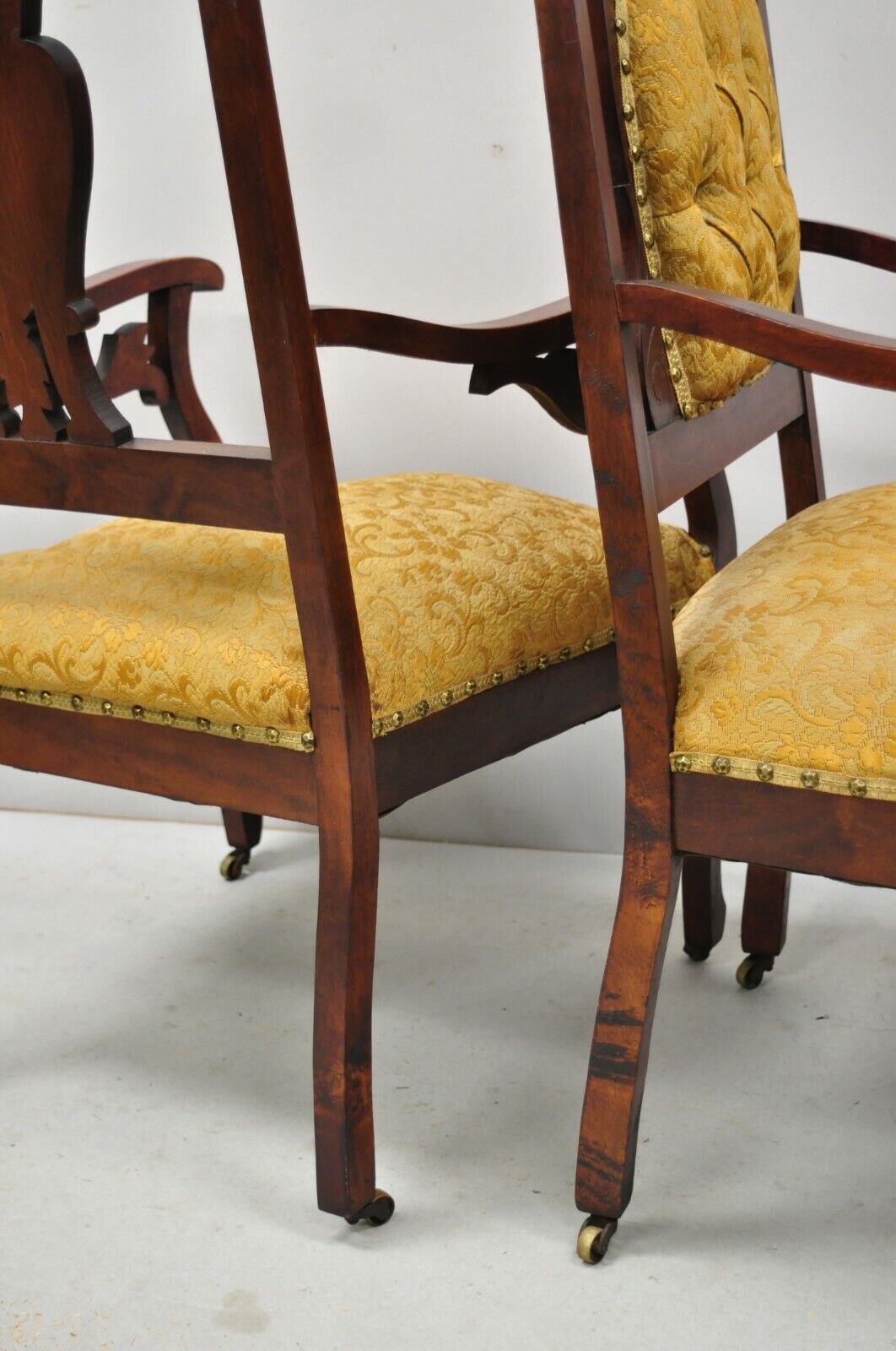 Pair of Antique Eastlake Victorian Mahogany Inlaid Parlor Arm Chairs