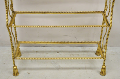 Italian Hollywood Regency Gold Gilt Iron 5 Tier Rope Tassel Etagere Shelf Stand