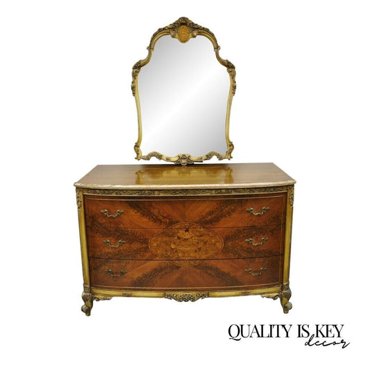 Antique French Louis XV Floral Satinwood Inlaid Mahogany Chest Dresser & Mirror