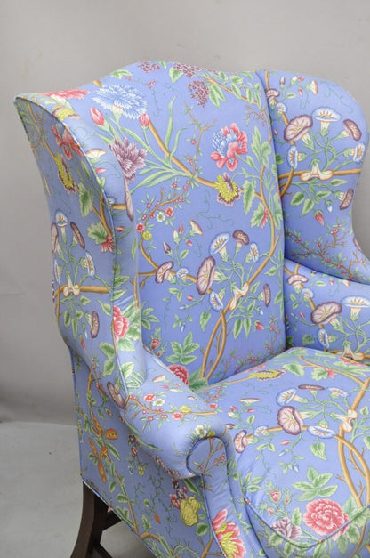 Vintage English Edwardian Style Mahogany Blue Floral Wingback Chairs - a Pair