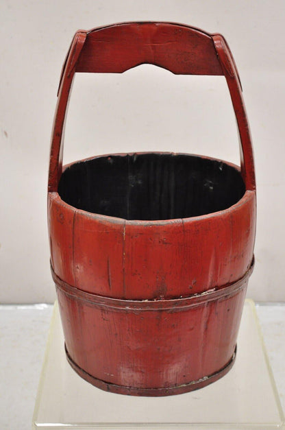 Vintage Rustic Primitive Chinese Wooden Red Painted Water Bucket with Handle