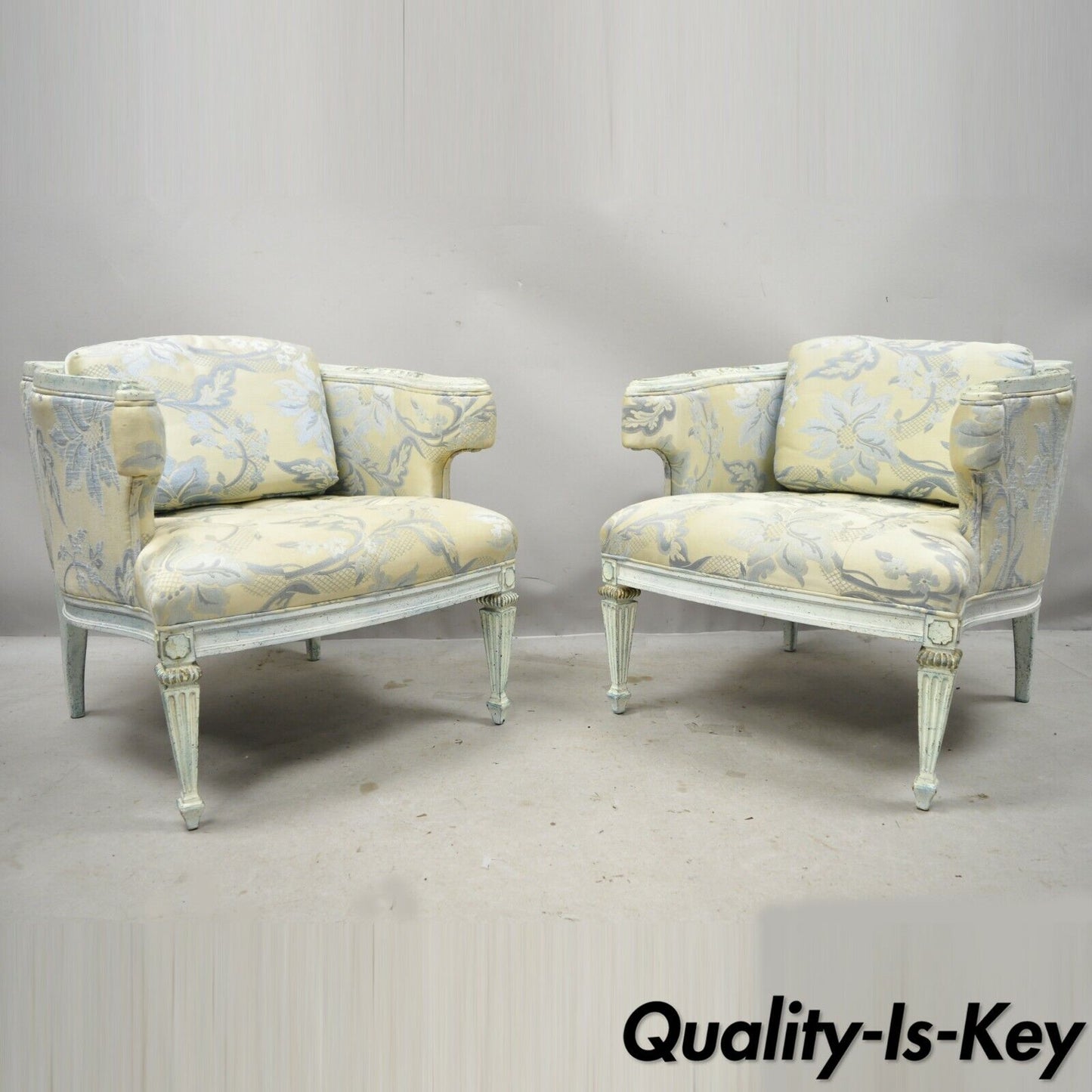 Vintage French Provincial Louis XVI Blue & Cream Painted Club Chairs - a Pair