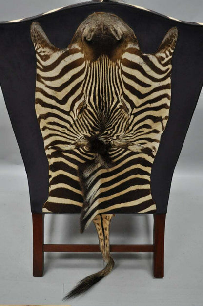 Zebra Hide Blue Suede Mahogany English Georgian Style Wingback Library Chair