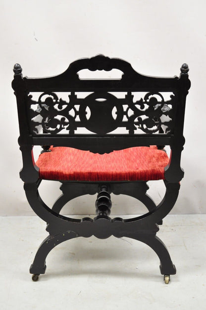 Antique Victorian Aesthetic Movement Ebonized Curule Throne Arm Chair with Lions