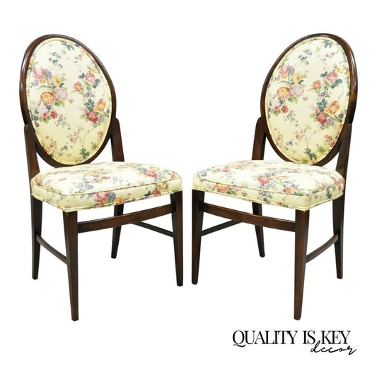 French Art Deco Oval Upholstered Back Mahogany Wood Frame Dining Chairs - a Pair
