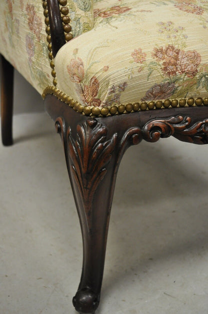 Antique Victorian French Carved Mahogany Upholstered Bergere Lounge Arm Chair