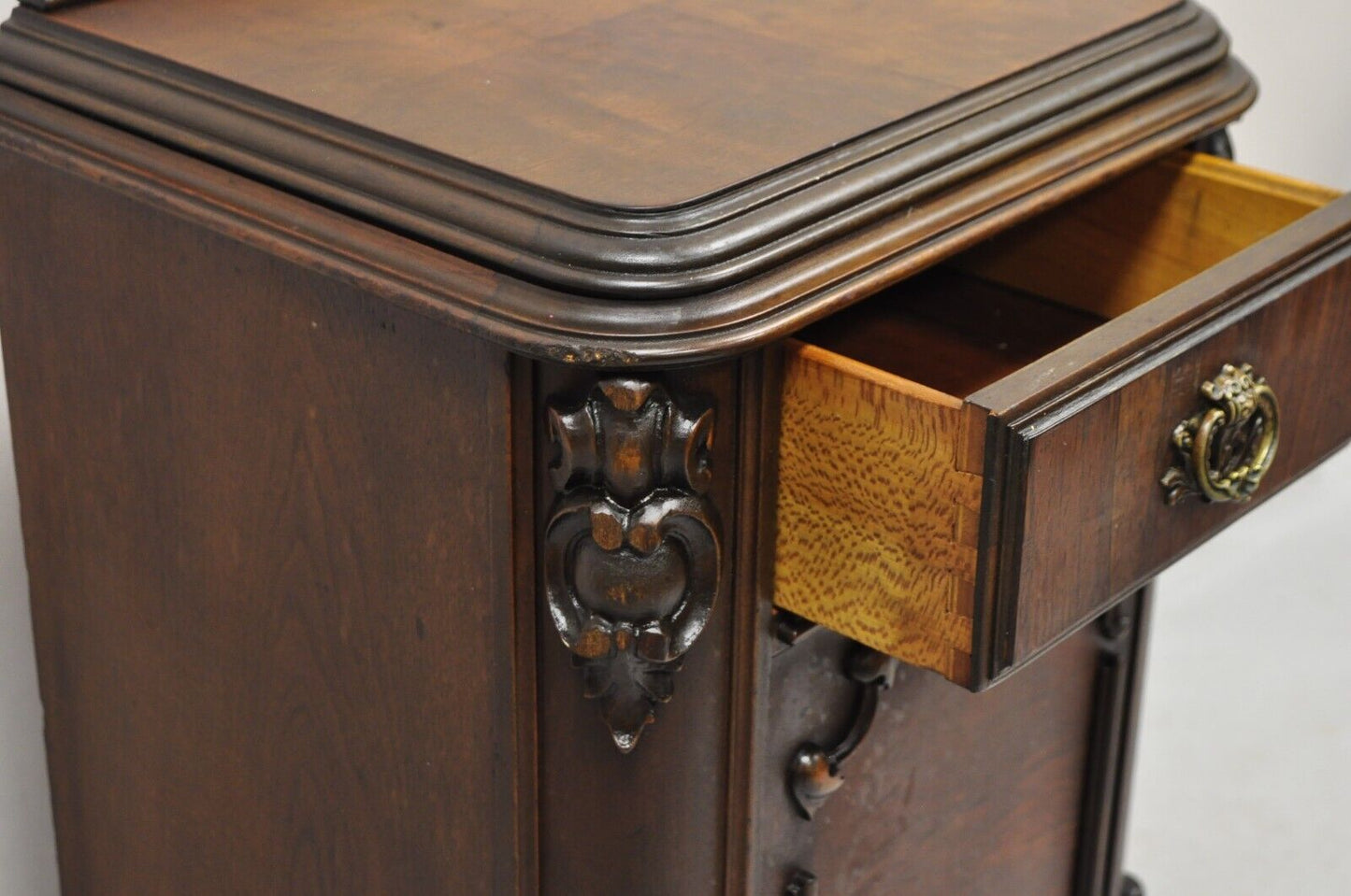 Antique Carved Walnut Renaissance Revival Depression Nightstand Bedside Table