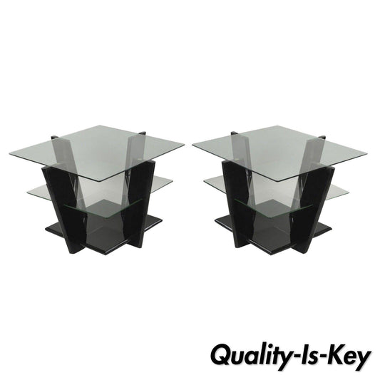 Pair of Contemporary Modern Black Lacquer & Glass 3 Tier End Tables Sculptural