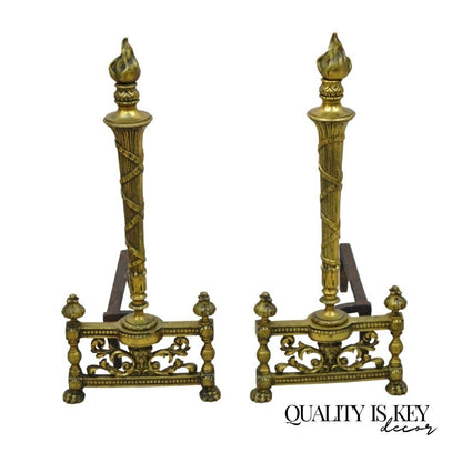 Antique French Empire Style Flame Finial Brass and Cast Iron Andirons - a Pair