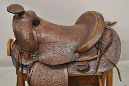 Vintage Brown Tooled Leather Embossed 14" Western Horse Saddle