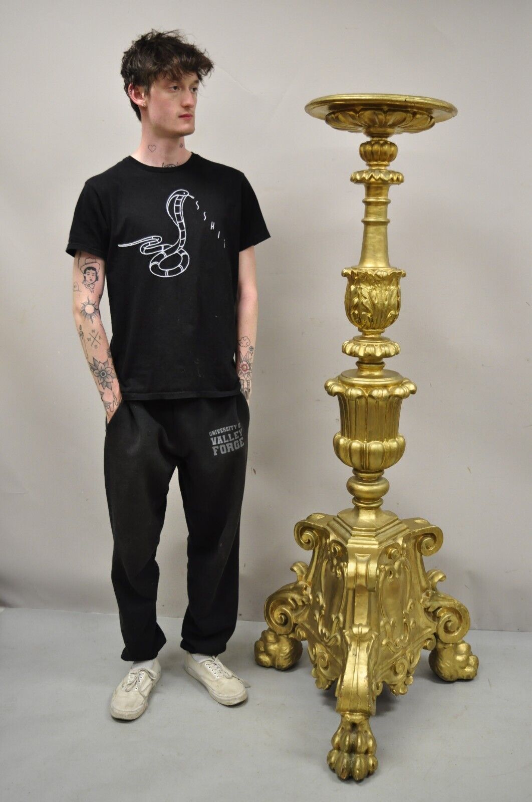 Large Antique 64" Caved Wood Gold Giltwood Empire Pedestal Candlestick Pricket