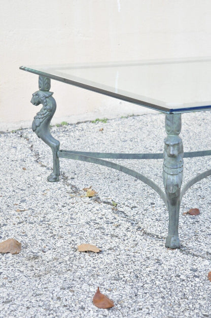 Vintage Regency Neoclassical Style Green Iron and Glass Lion Coffee Table