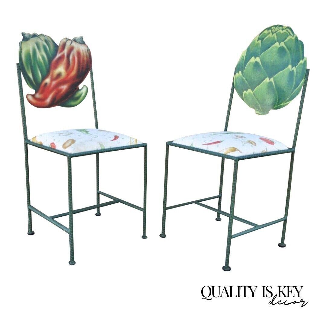 Hollywood Regency Custom Painted Peppers & Artichoke Bistro Side Chairs - a Pair