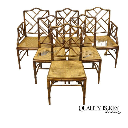 Chinese Chippendale Hollywood Regency Faux Bamboo Cane Dining Chairs - Set of 6