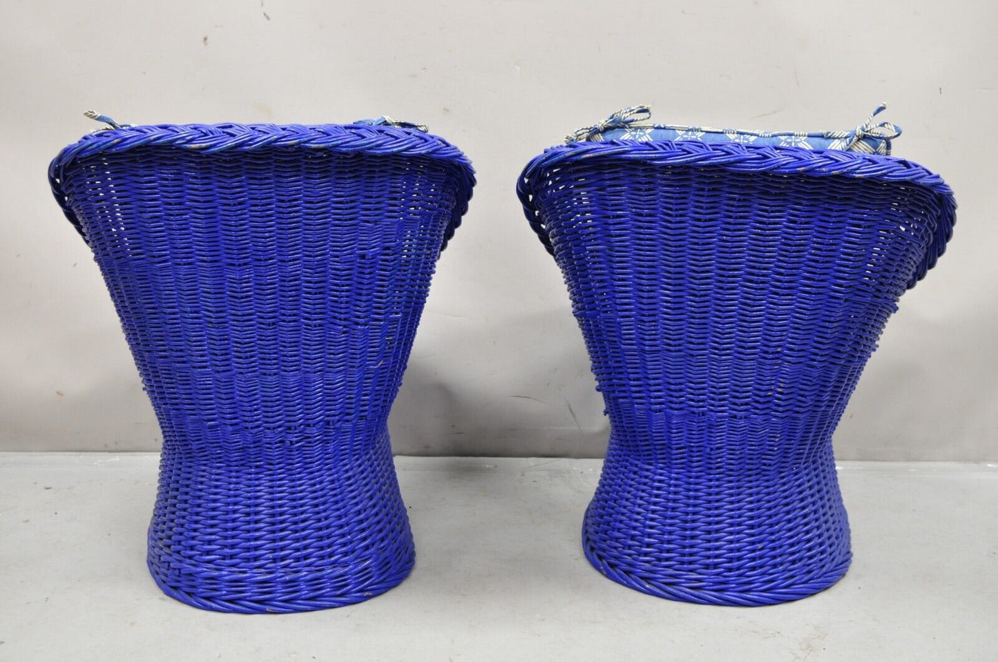 Vintage Mid Century Modern Blue Painted Wicker Rattan Pod Club Chairs - a Pair