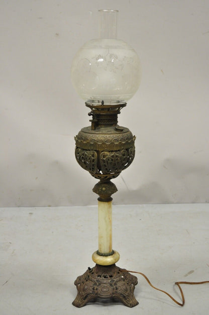 Antique Victorian Bronze Converted Oil Lamp Table Lamp Alabaster Shaft