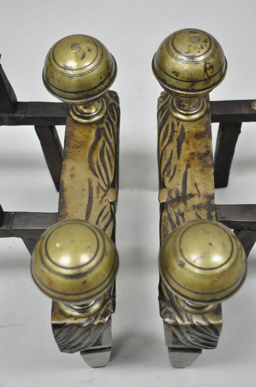 French Empire Bronze Drape & Tassel Cannonball Chenet Small Andirons - a Pair