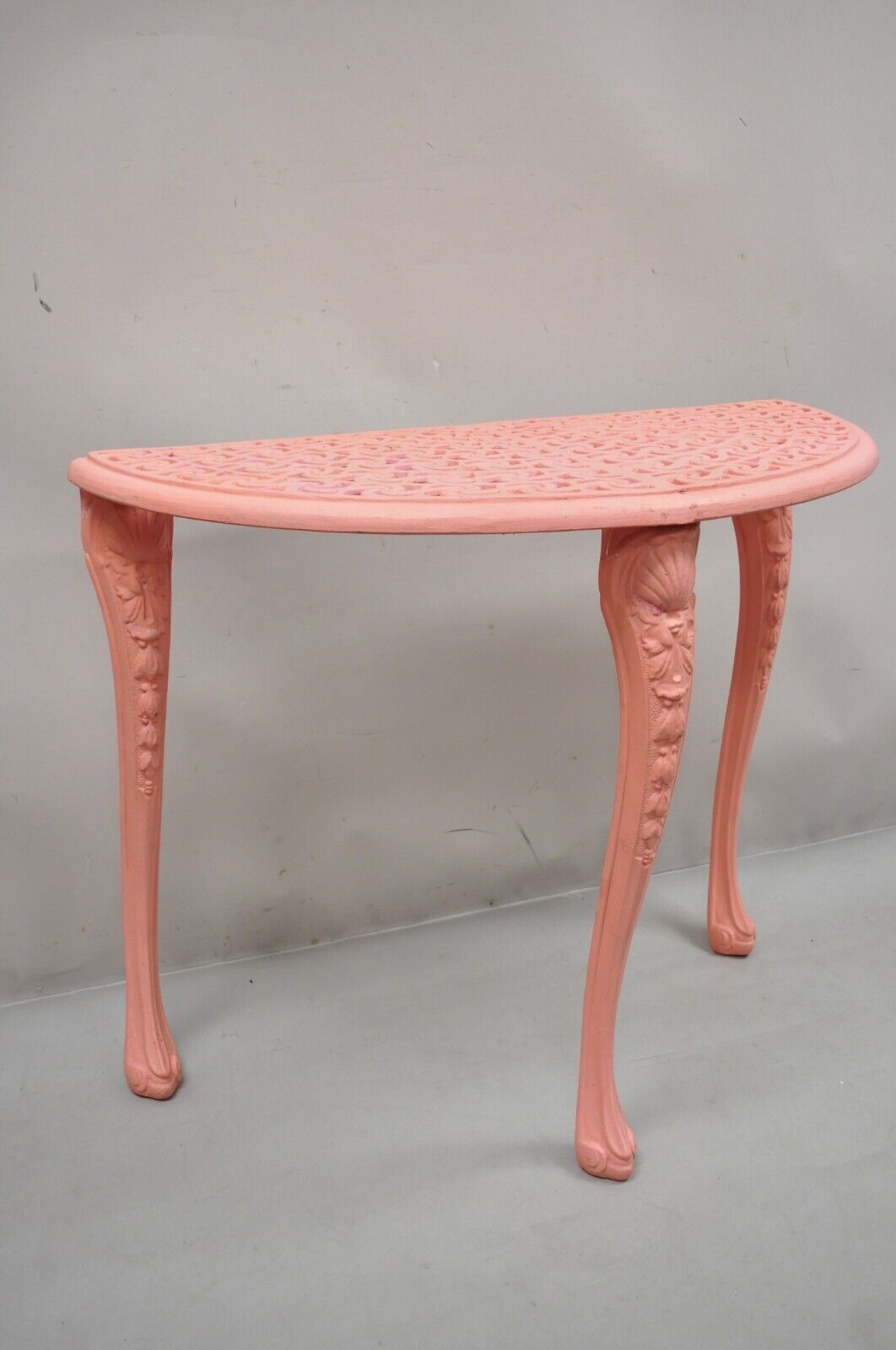 Vintage French Neoclassical Style Cast Aluminum Pink Demilune Console Table