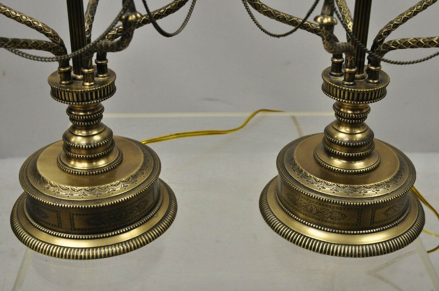French Empire Style Brass Figural Bird Swan Candelabra Table Lamps - a Pair