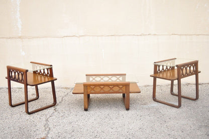 Vintage Art Deco Mid Century Mahogany & Glass Coffee Table Set by Superior 3 Pc