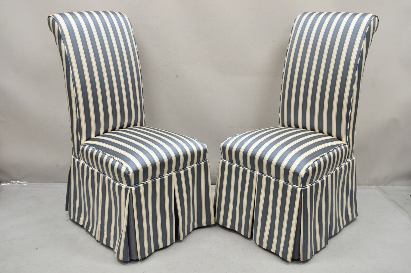 Custom Blue & Cream Striped Parsons Dining Chairs w/ Button Backs - Set of 6