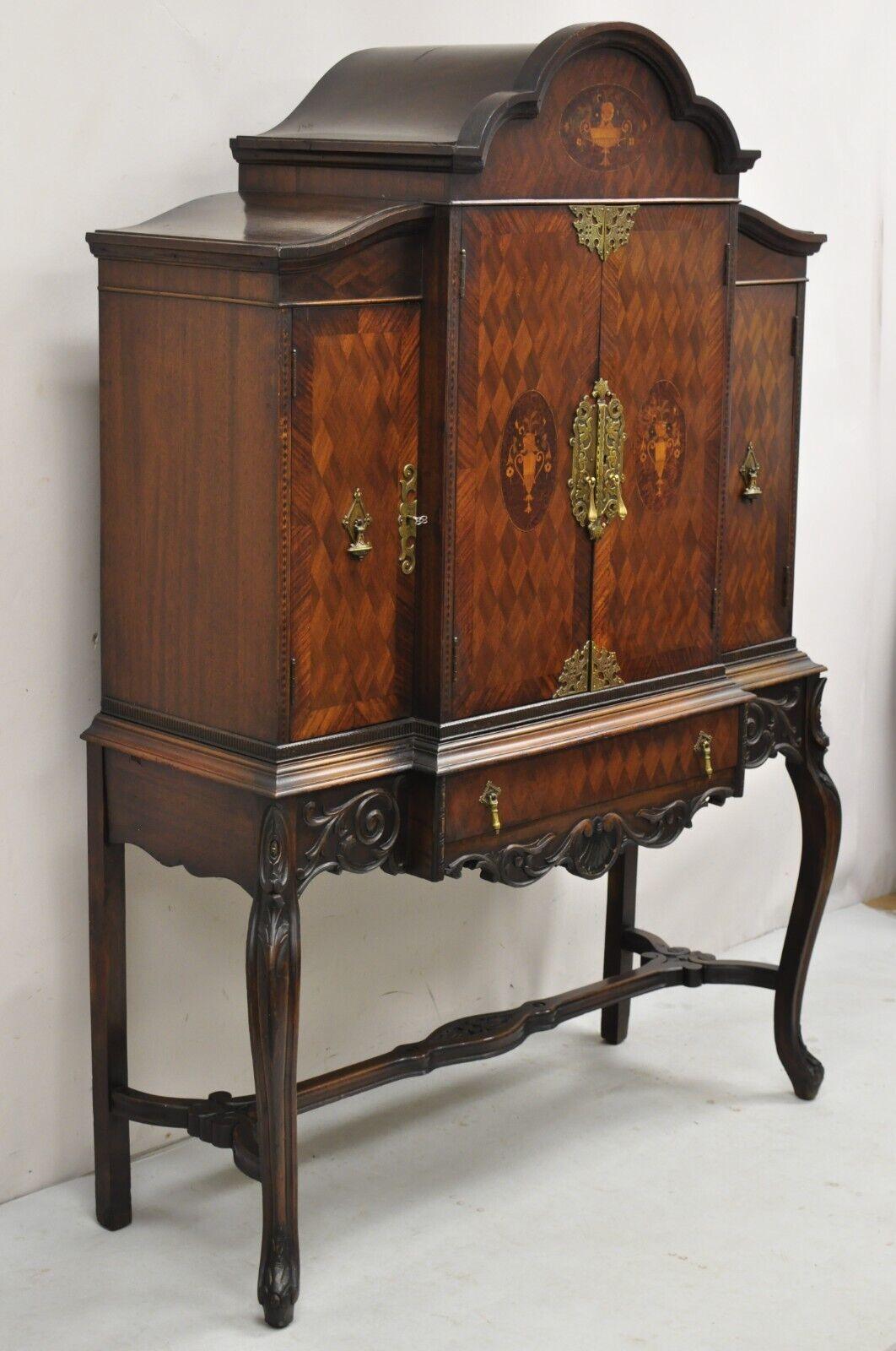 Antique French Renaissance Inlaid Walnut Record China Liquor Bar Cabinet