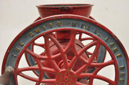 Swift Mill Lane Red & Blue Cast Iron Victorian Coffee Mill Grinder w/ Drawer