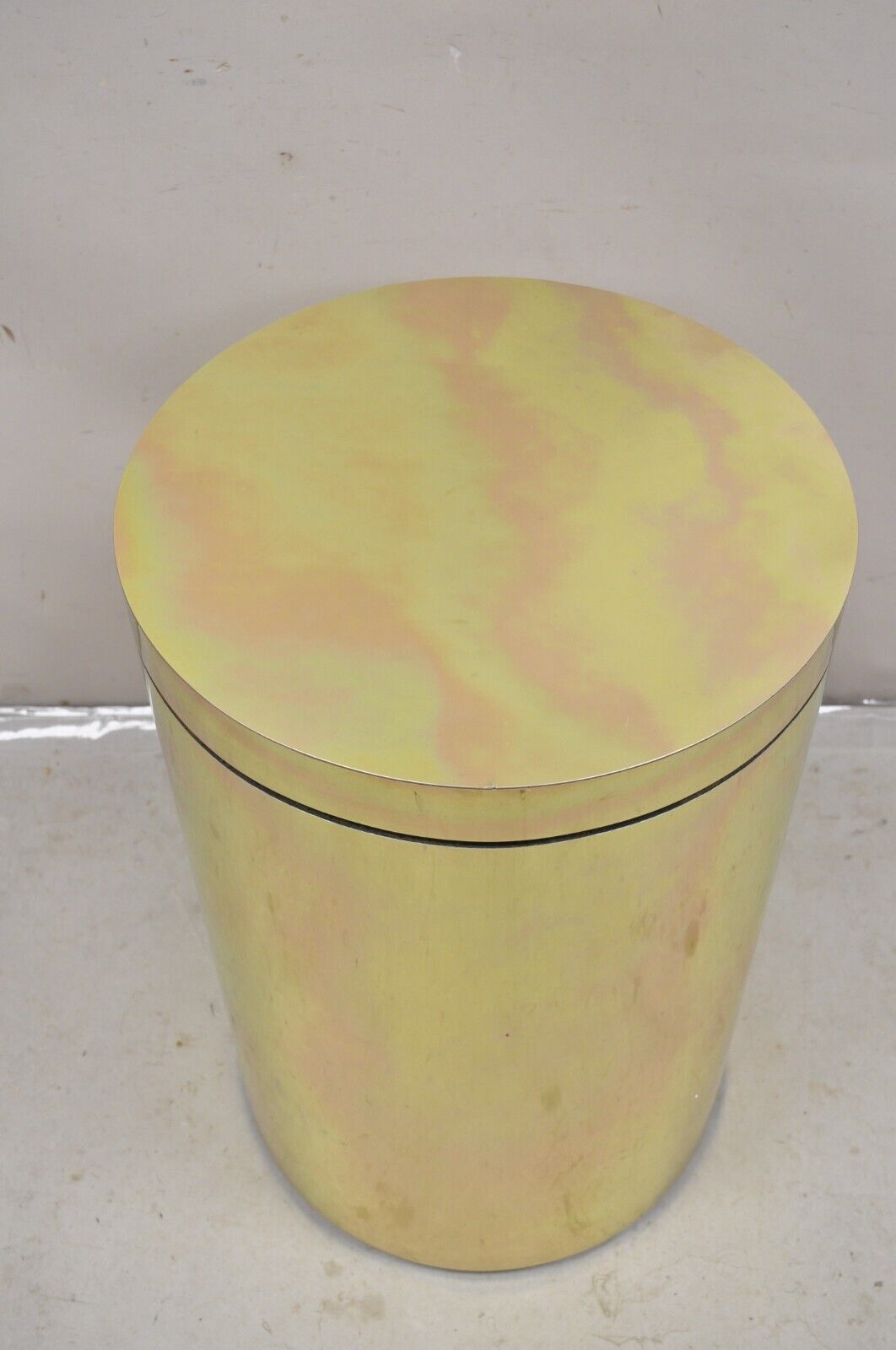 Vintage Mid Century Modern Wrapped Brass Clad Cylinder Gold Pedestal Side Table