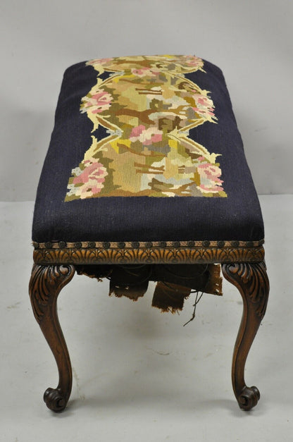 Antique French Victorian Needlepoint Carved Cabriole Leg Mahogany Bench