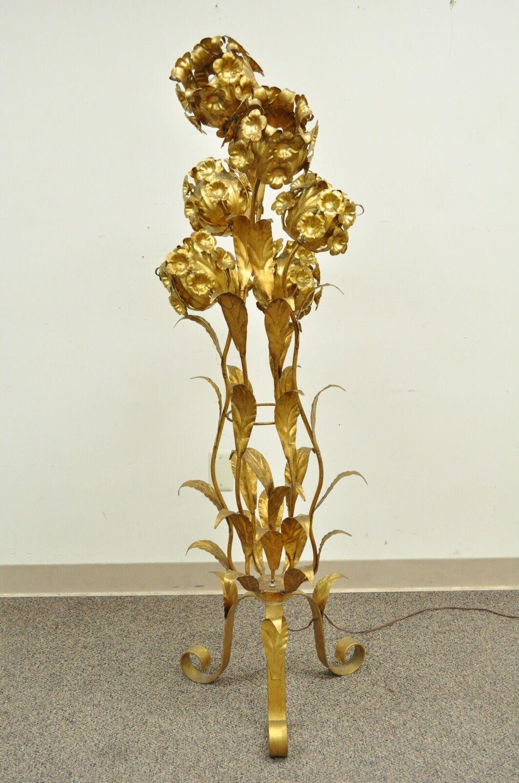 Vintage 6 Light Italian Hollywood Regency Gold Gilt Floral Tole Metal Floor Lamp