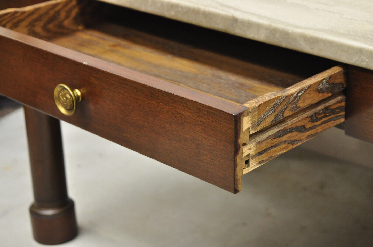 Vintage Empire Style Custom Mahogany Marble Top Coffee Table with 2 Drawers