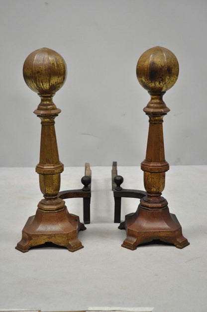 Pair of 19th Century American Federal Brass Cannonball Andirons w/ Aged Patina