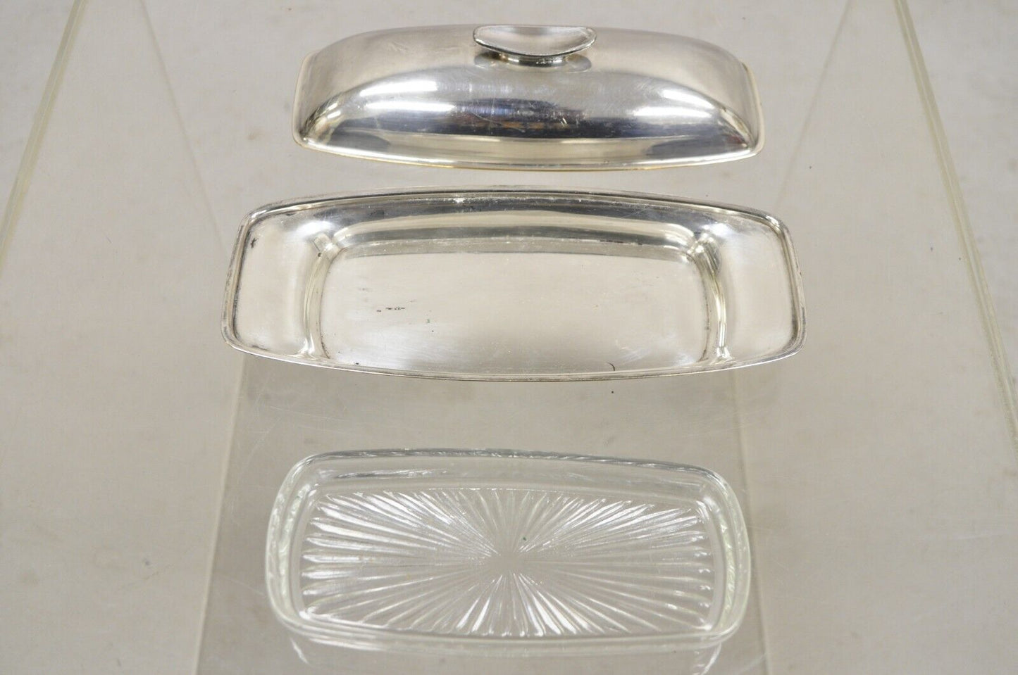 Vintage Gorham YC 775 Silver Plated Modern Butter Dish with Glass Liner
