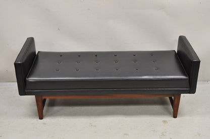 Vintage Selig Mid Century Modern Walnut Frame Upholstered Even Arm Black Bench