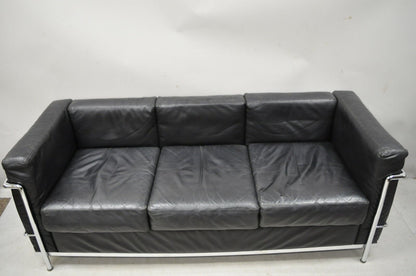 Vintage Le Corbusier LC2 Style Black Leather Mid Century 3 Seat Chrome Sofa