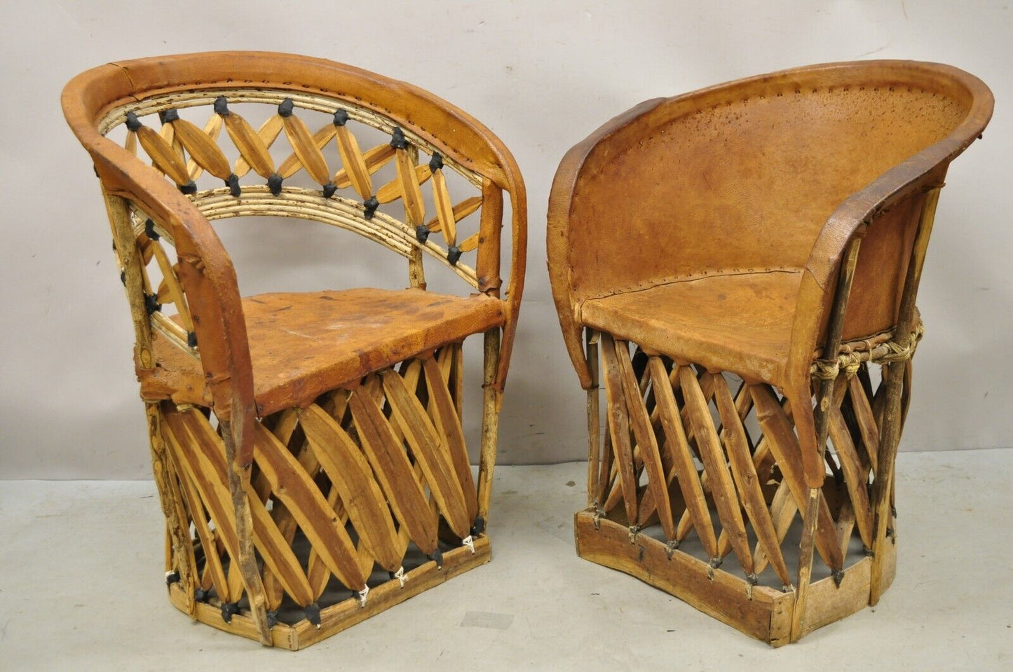 Vintage Brown Leather and Cedar Wood Mexican Equipale Barrel Club Chairs a Pair