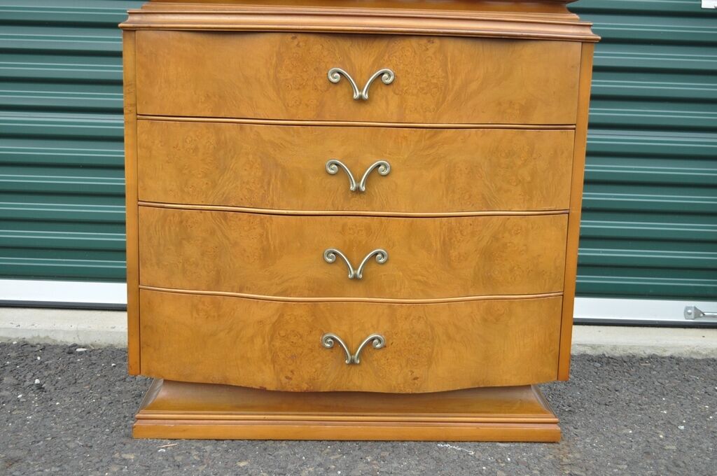 Romweber Hollywood Regency Dorothy Draper Style Burl Walnut Tall Chest Dresser