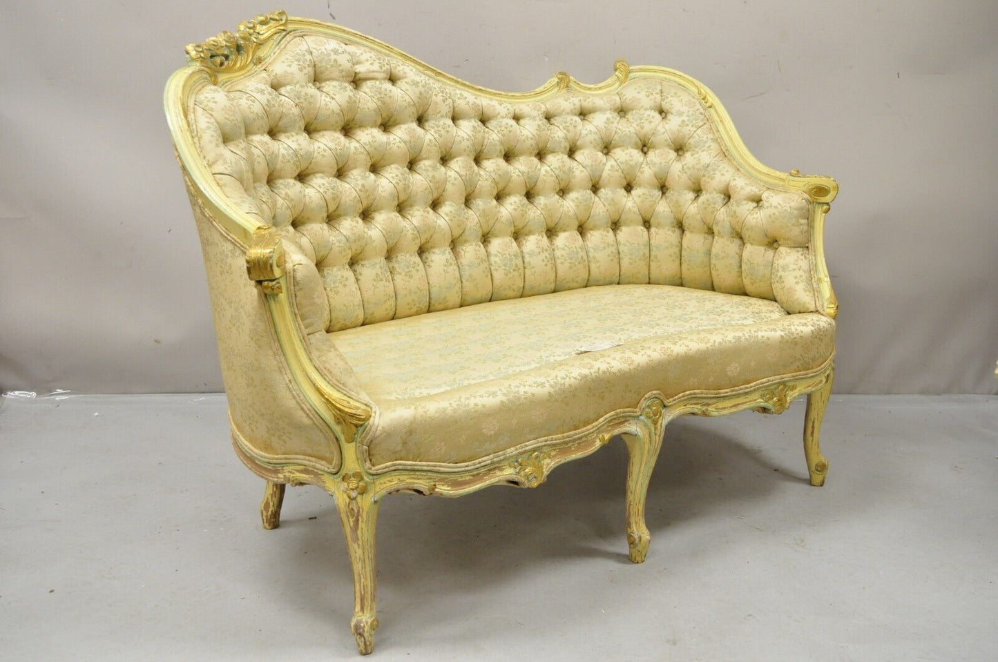 Vintage French Louis XV Rococo Style Yellow & Green Settee Loveseat Sofa