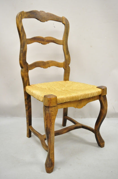 Vintage French Provincial Distressed Wood Ladder Back Rush Seat Dining Chair