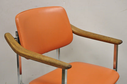 Vintage Mid Century Modern Orange Chrome Frame Sloped Wooden Arm Chair