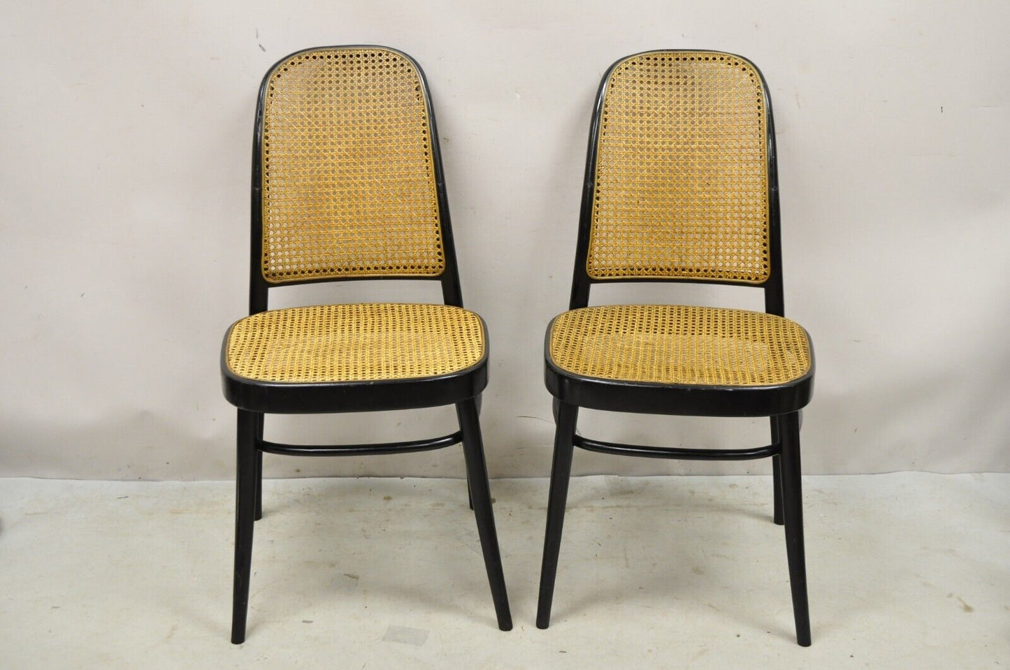 Vintage Ligna Bentwood Black Ebonized Cane Bistro Side Chairs - a Pair